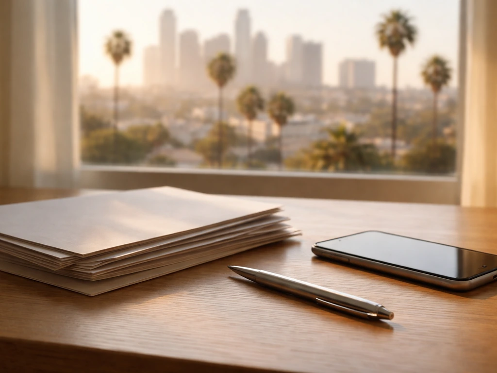 Los Angeles home listing documents and a smartphone on a desk with city skyline in soft light.