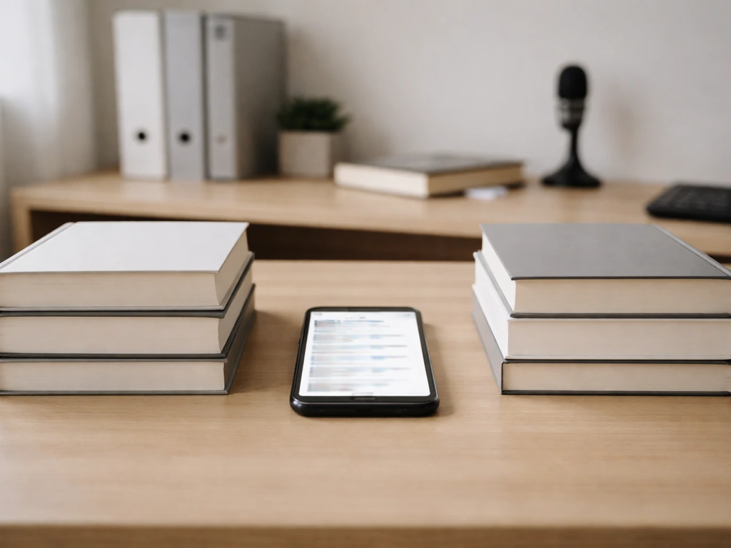 Minimal office desk with two unlabeled book stacks and a blurred phone search screen symbolizing ambiguous matches.