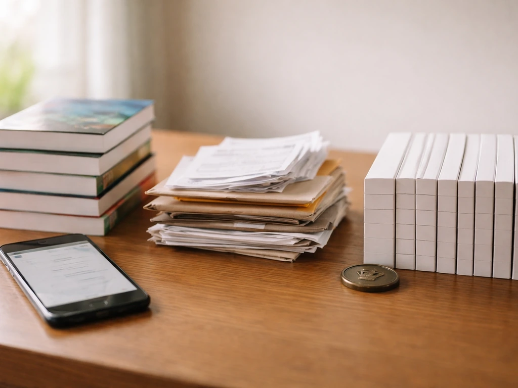 Minimal desk close-up with stacks of books and envelopes symbolizing publishing revenue streams.