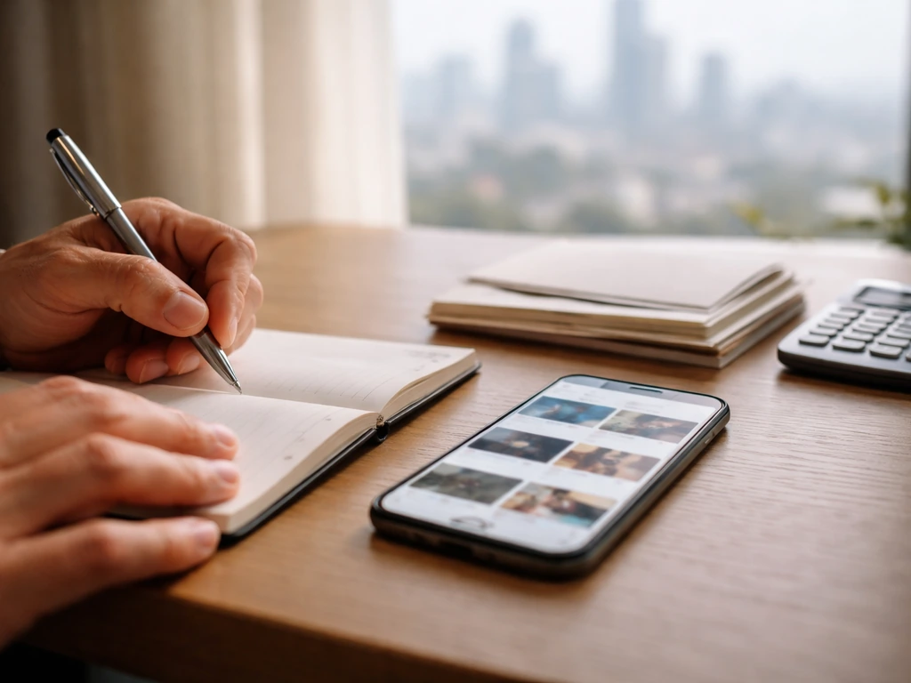 Close-up of a desk setup with a notebook and smartphone showing blurred finance media, symbolizing public-signal net wor