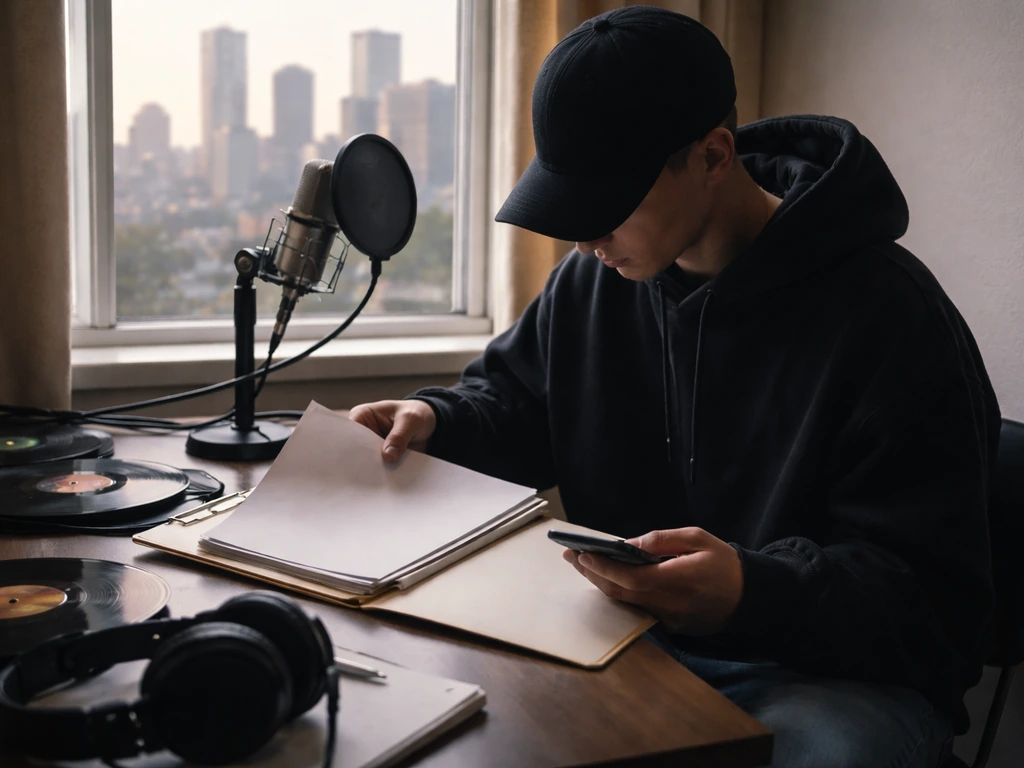 Anonymous hip-hop artist in a quiet studio, checking paperwork near a microphone by a window.