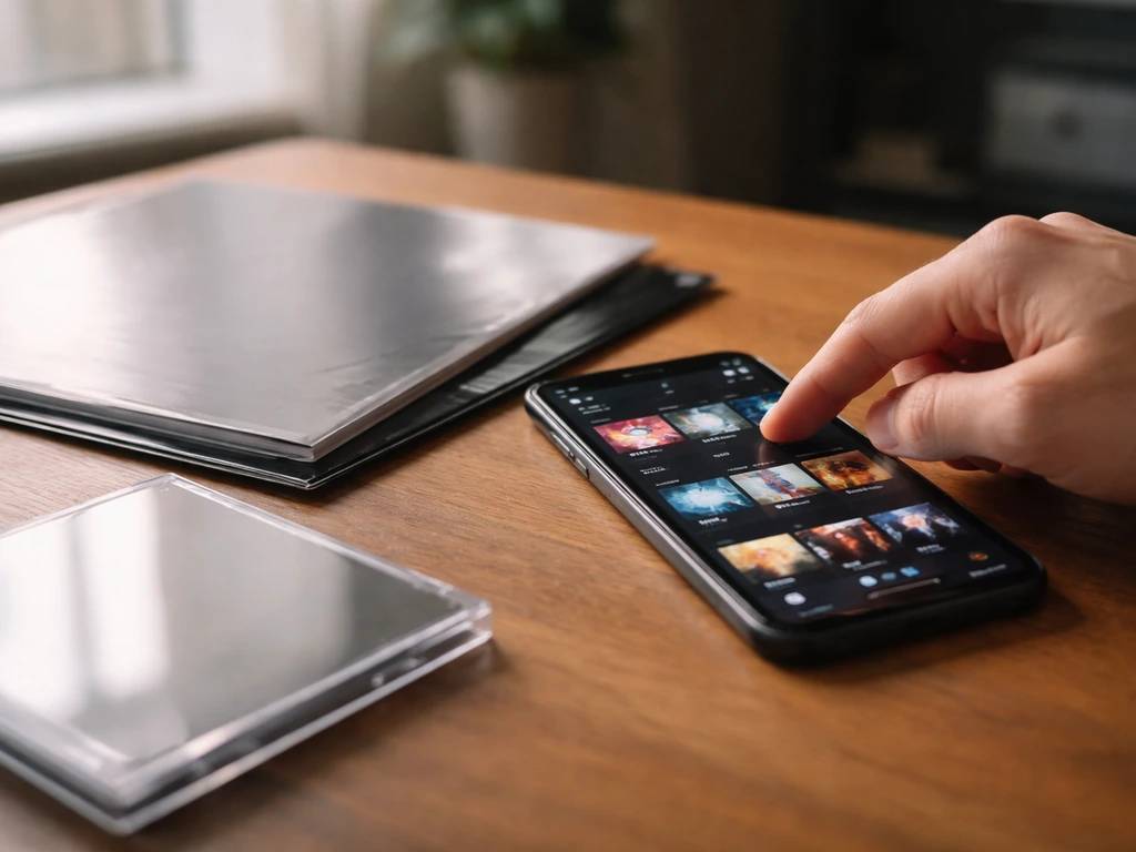 Close-up of a smartphone showing a streaming interface and a vinyl sleeve beside it, evoking music royalties.