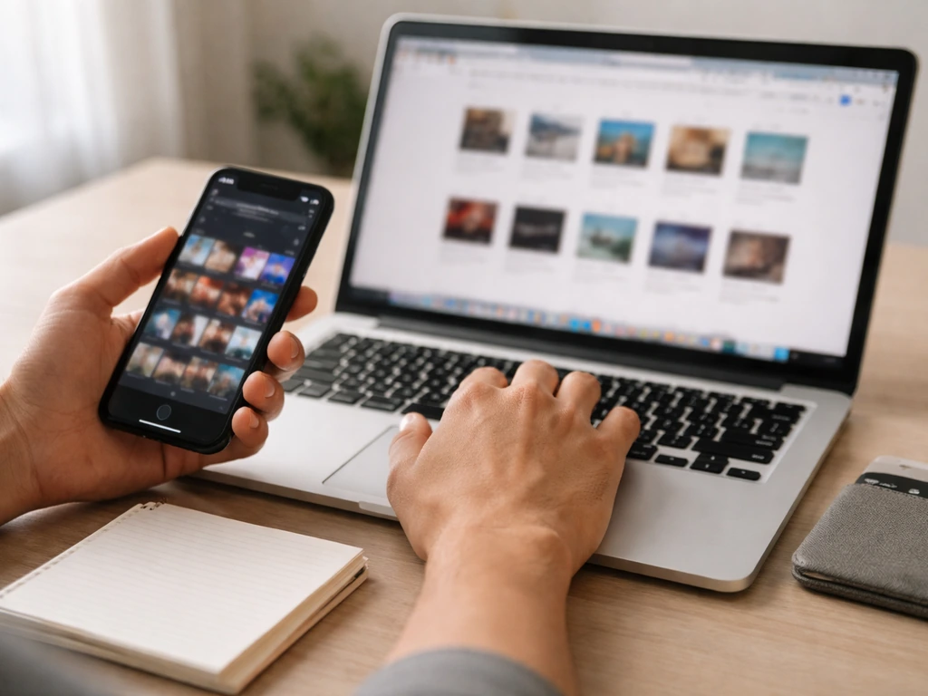 Person using a laptop and smartphone to cross-check music catalog sources.