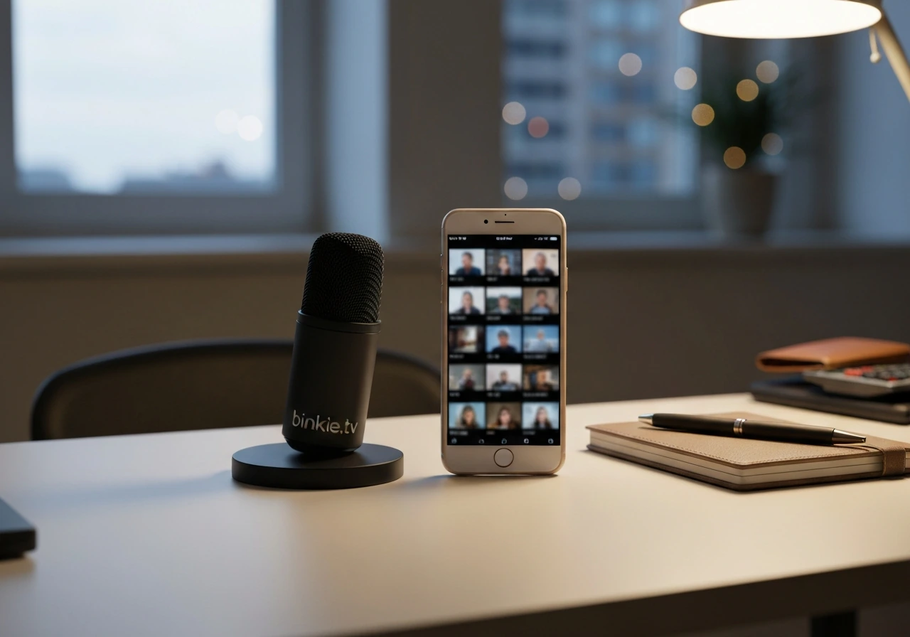 Anonymous podcast desk with microphone and blurred phone thumbnails suggesting two online identity sources