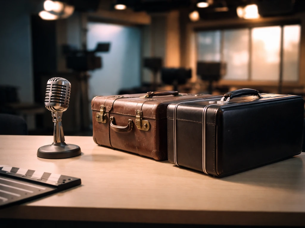 Minimal photo of a TV studio desk with microphone and a suitcase, symbolizing early fame to later ventures.