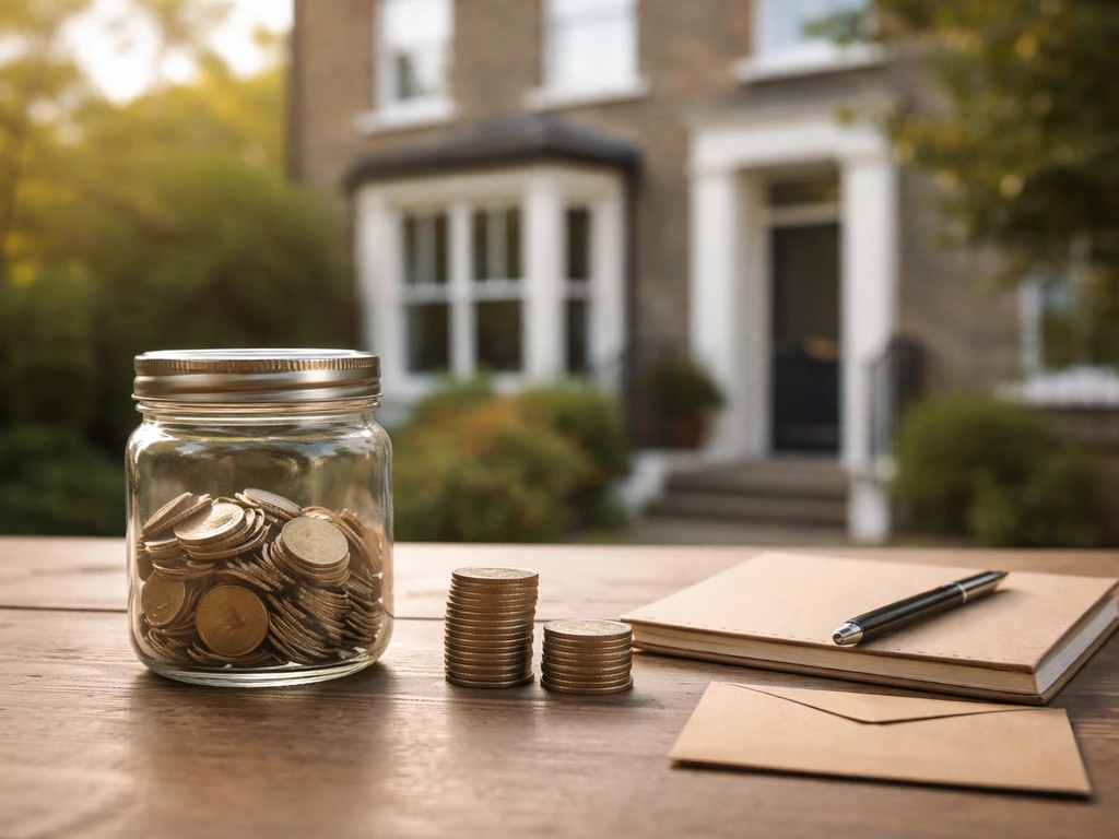 Minimal photo of a UK-style home exterior and a tidy desk with a notebook, cash, and a savings jar
