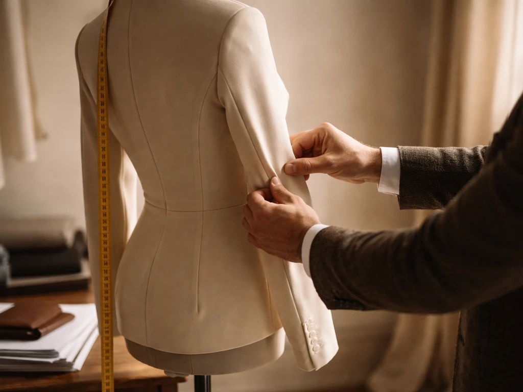 Anonymous tailor adjusts a bespoke garment on a dress form with measuring tape and documents nearby.