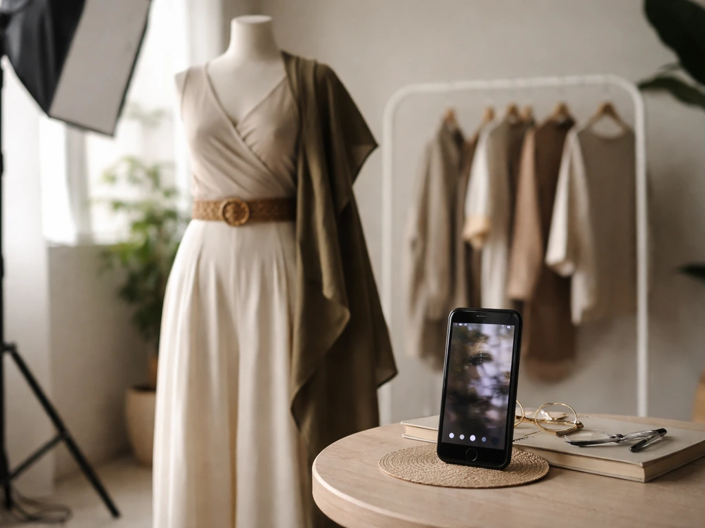 Kenyan fashion stylist setting with a mannequin, smartphone, and studio lights suggesting entertainment identity