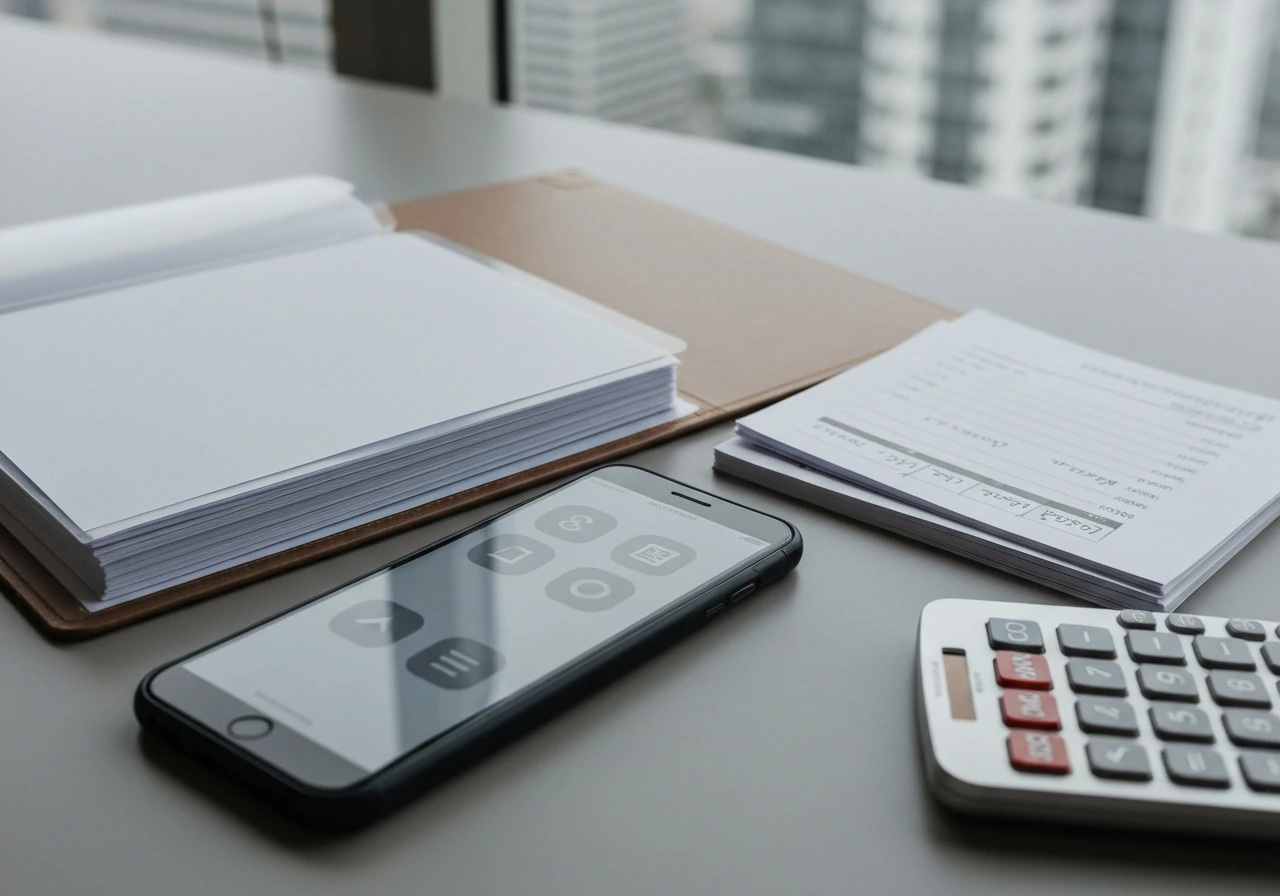 Minimal desk scene with papers, a smartphone, and a calculator suggesting public-signal net worth estimation