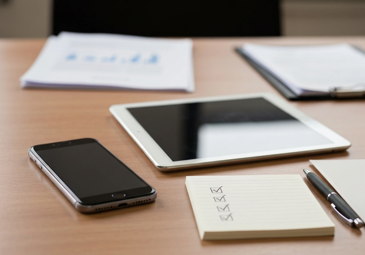 Phone and tablet on a desk beside a notepad with checkmarks for verifying business numbers