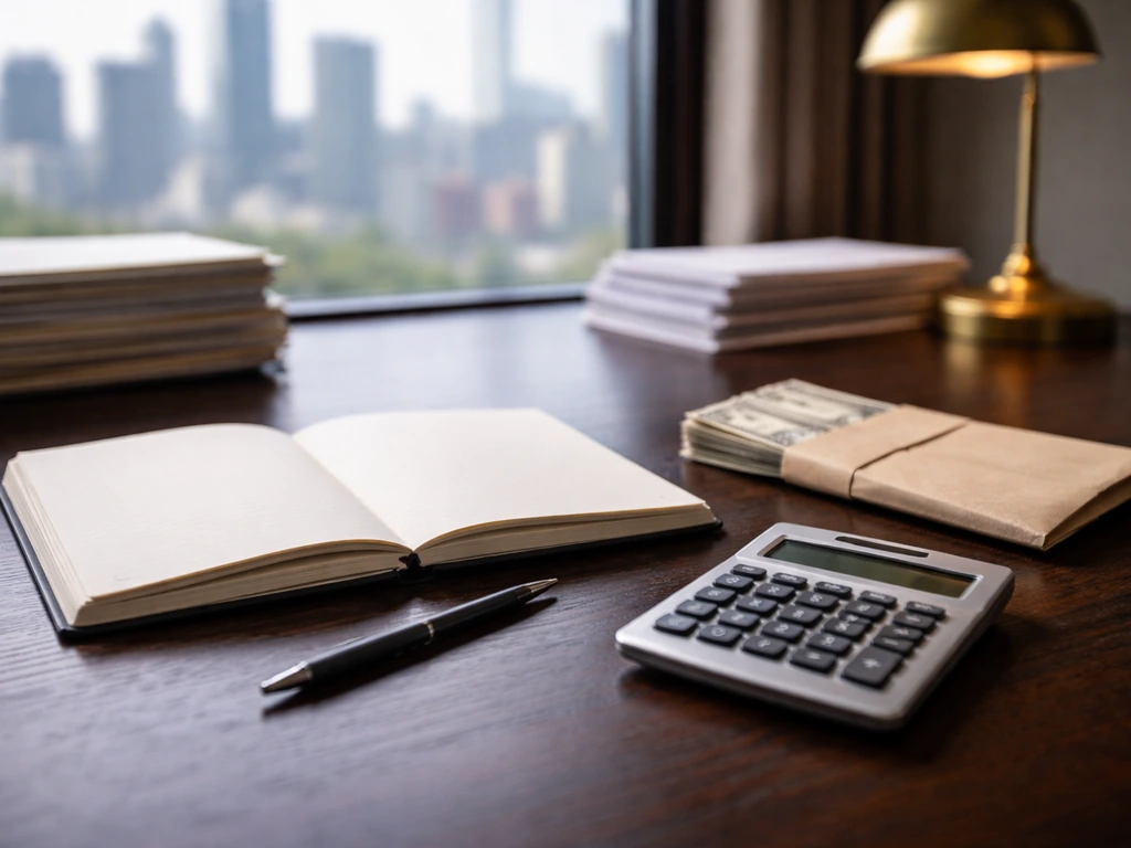 Desk with calculator and documents suggesting net worth estimation, city light blur in the background.