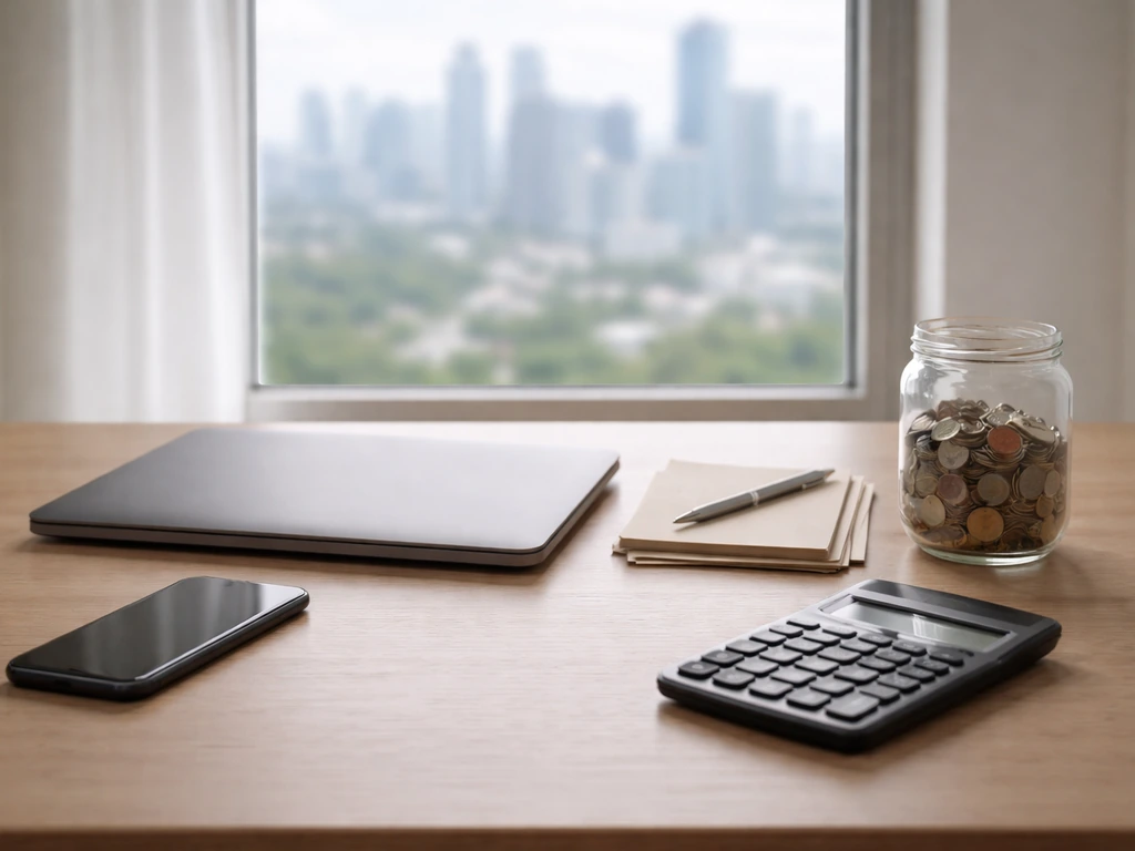 Minimal home office desk with calculator and coins suggesting estimating a net worth range