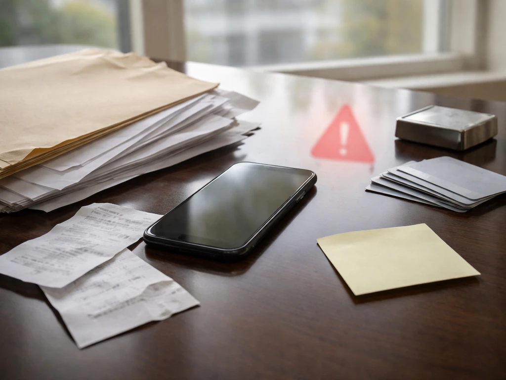 Close-up of a messy desk with scattered receipts, a smartphone, and a blurred warning sign icon vibe