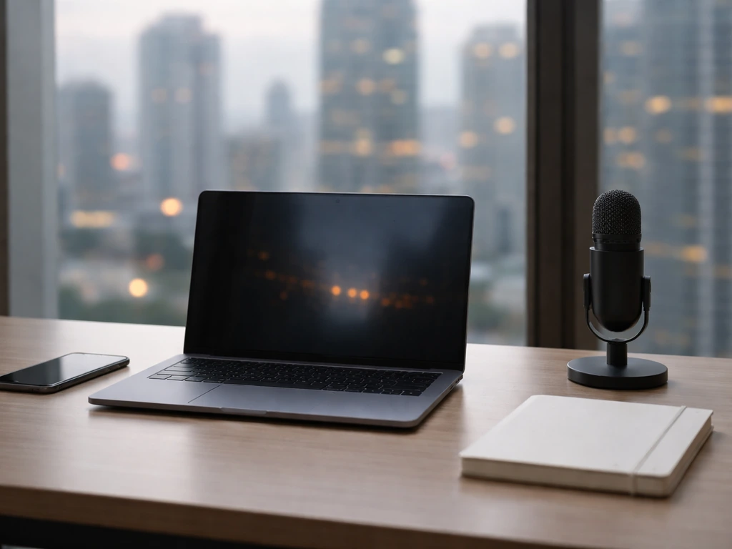 Minimal desk scene with laptop, smartphone, and wireless mic, symbolizing tech/web3 investor research.