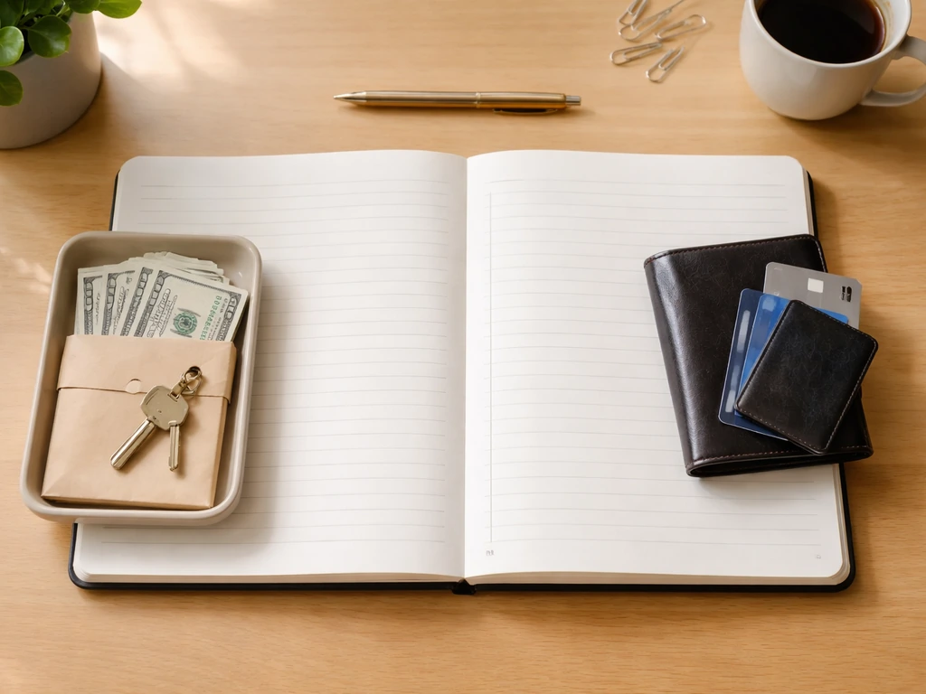 Minimal desk scene with cash and a house key on one side, wallet and cards on the other.