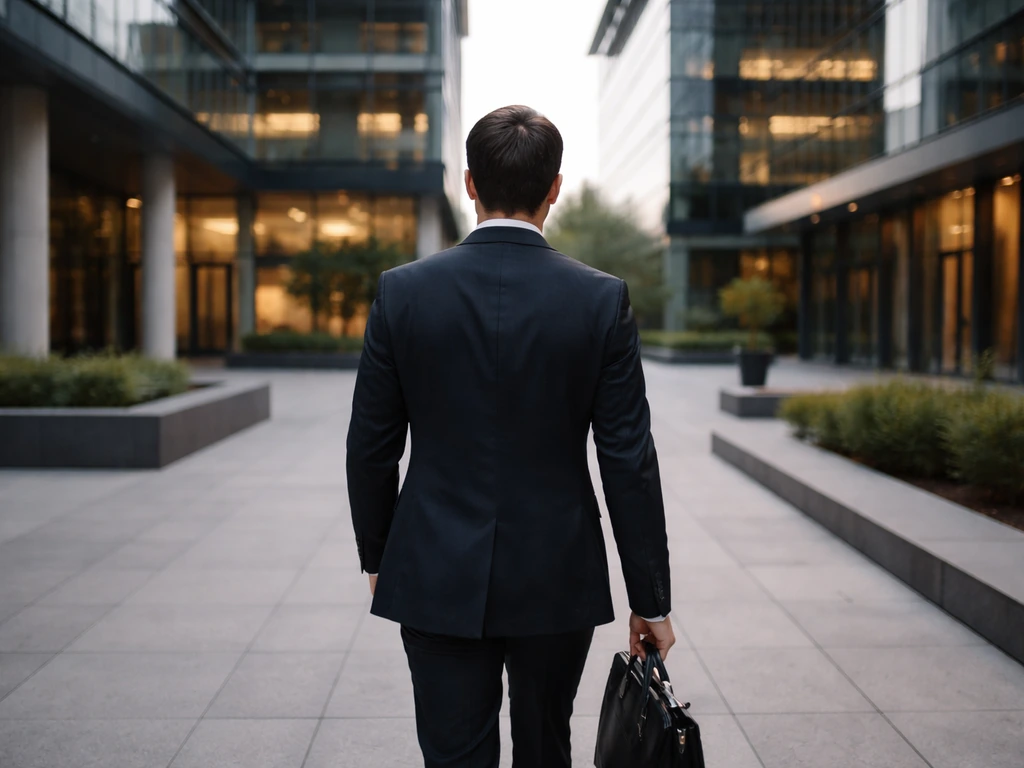 Anonymous professional walking through a modern glass office campus courtyard in soft natural light.