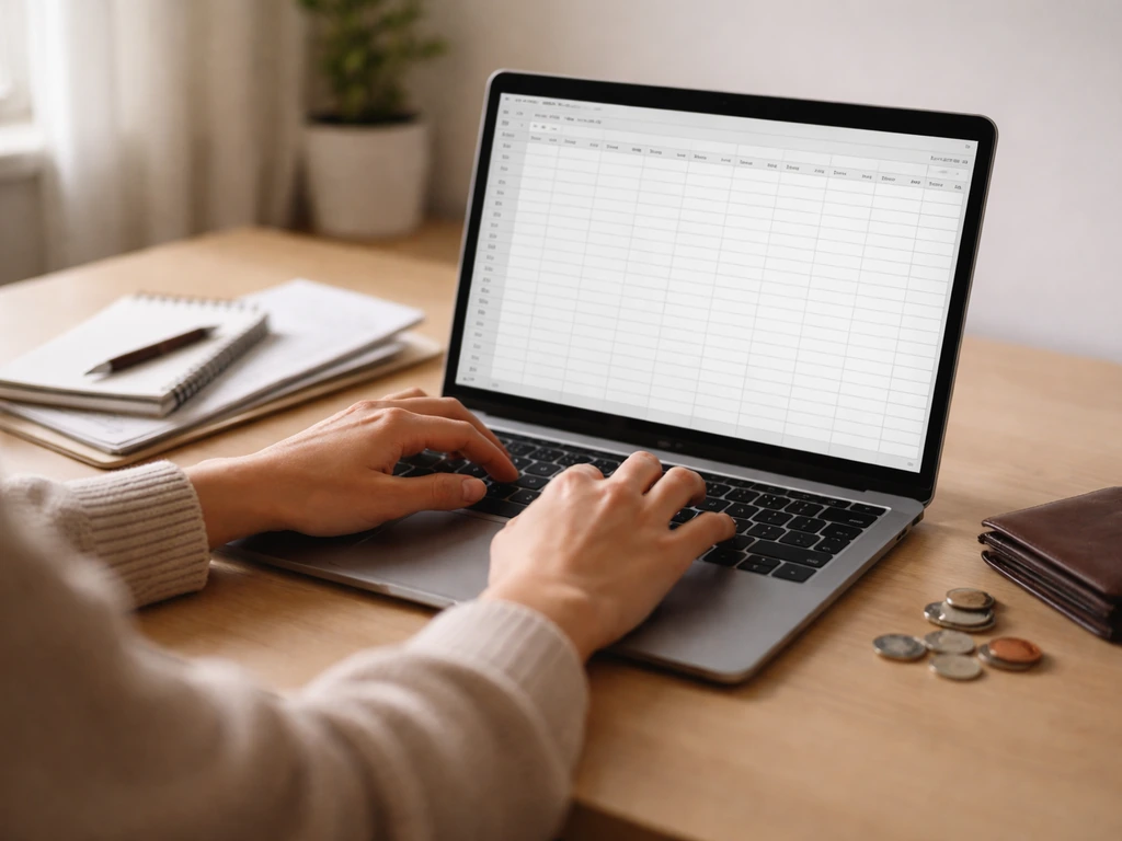 Close-up of hands typing on a laptop beside a notebook with cash and documents, suggesting DIY wealth spreadsheet work.