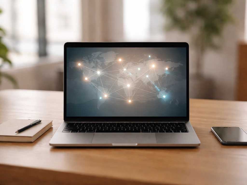 Minimal laptop workspace with subtle network of remote work nodes, suggesting a professional services marketplace.
