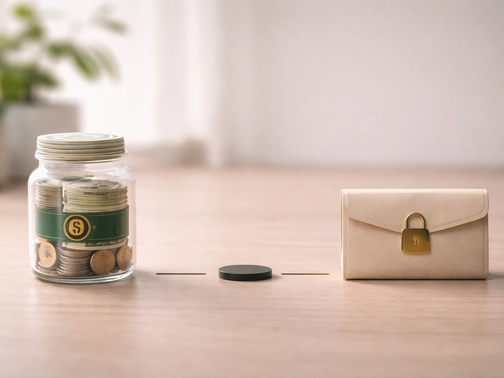 Minimal desk scene with a coin jar and locked bills pouch separated to suggest assets minus liabilities.
