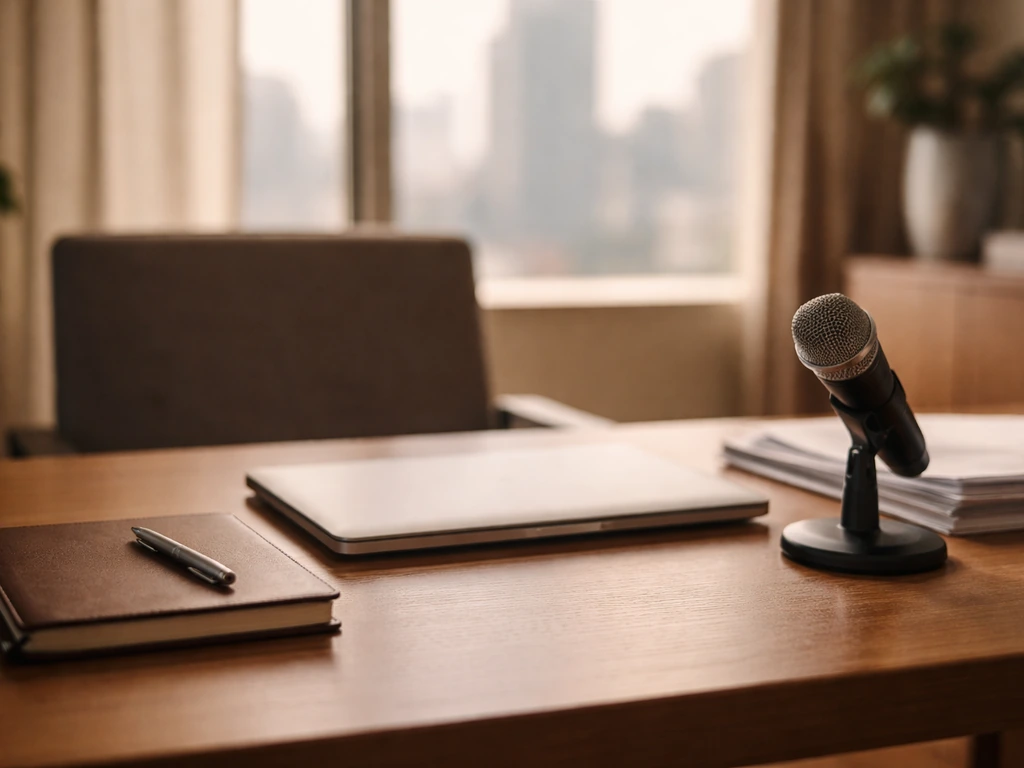 Minimal office desk with laptop and microphone, symbolizing business work and wealth-building context.