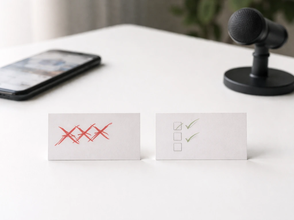 Desk scene with blank cards: left has red X marks, right has checkmarks, plus phone out-of-focus finance imagery.