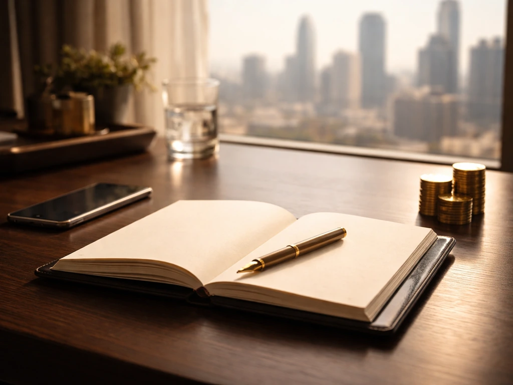 Minimal luxury desk scene with soft reflections, suggesting wealth and earnings range without any text.