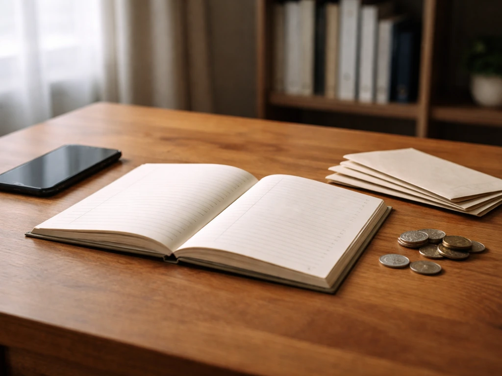 Minimal office scene with open ledger and scattered money envelopes symbolizing how net worth is calculated