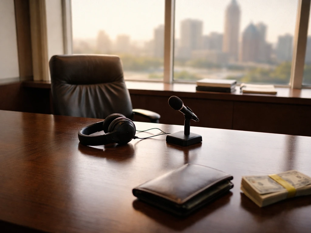 Empty baseball front-office conference room with executive gear and subtle wealth symbolism.