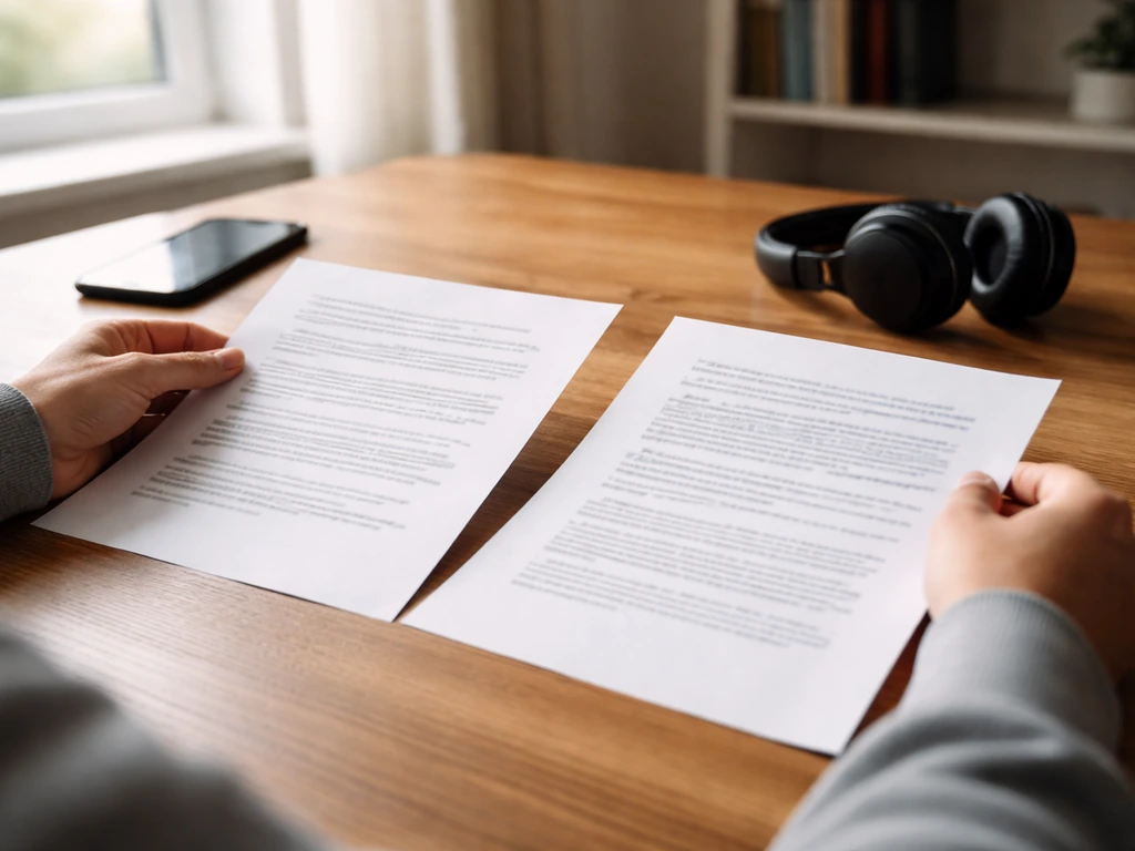 Anonymous desk scene comparing two printed pages about financial estimates, with phone and headphones nearby.