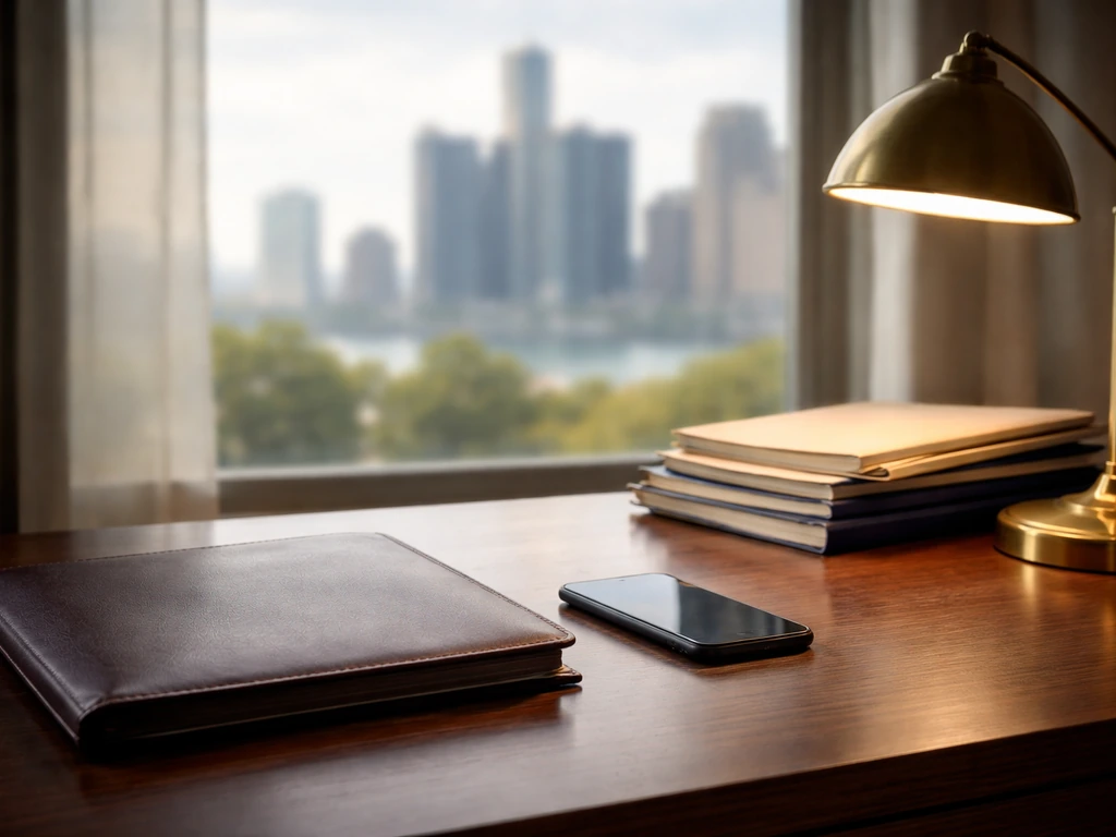 Minimal office desk with portfolio and property folders, soft skyline blur, symbolizing business wealth analysis.