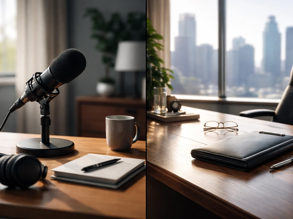 Split side-by-side photo: podcast mic desk on the left and finance office desk with skyline on the right.