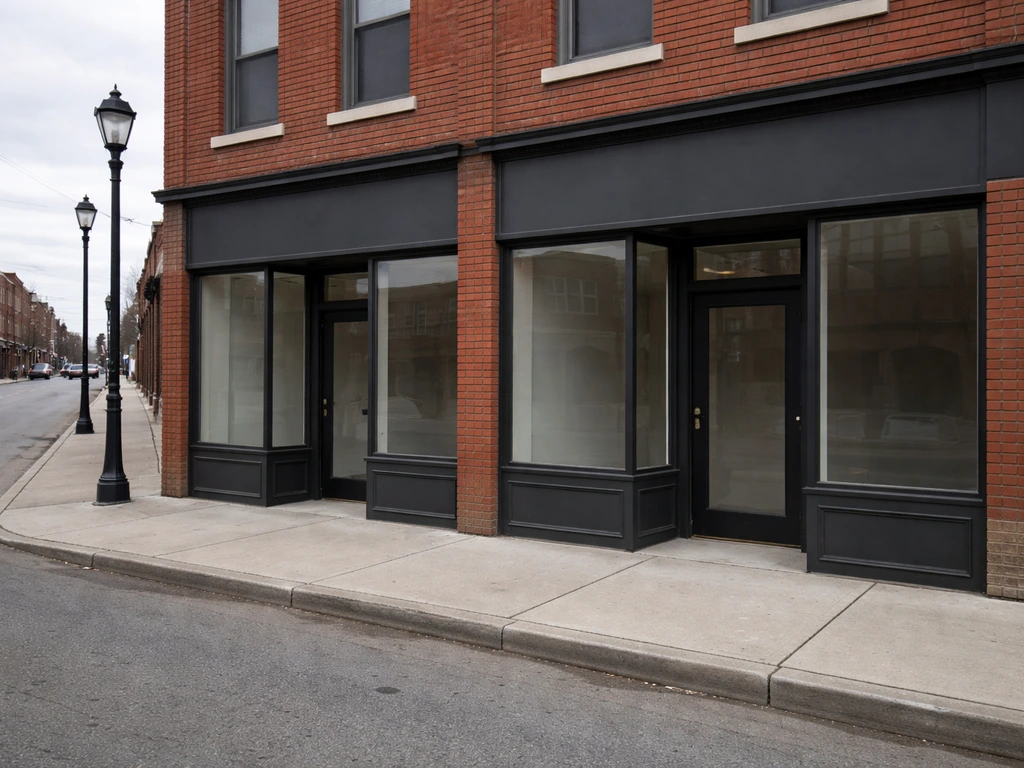 Row of modest commercial rental storefronts with brick facades in an urban neighborhood