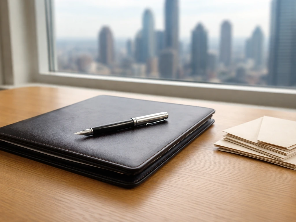 Dark leather portfolio and pen on a wooden desk with a blurred city skyline through a window.