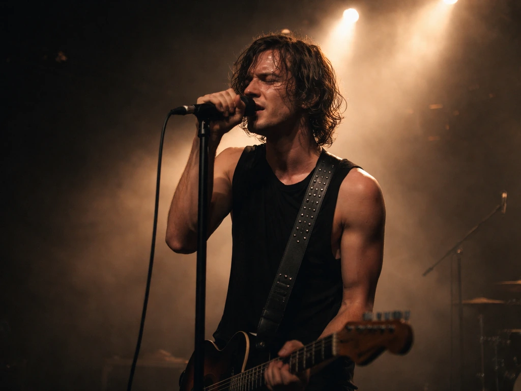 Musician singing with a microphone on a dim concert stage, warm lights and light haze behind.