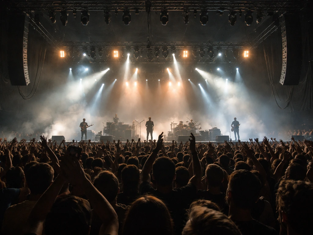 Concert stage with bright lights and a dark crowd in the foreground, showing live performance scale.