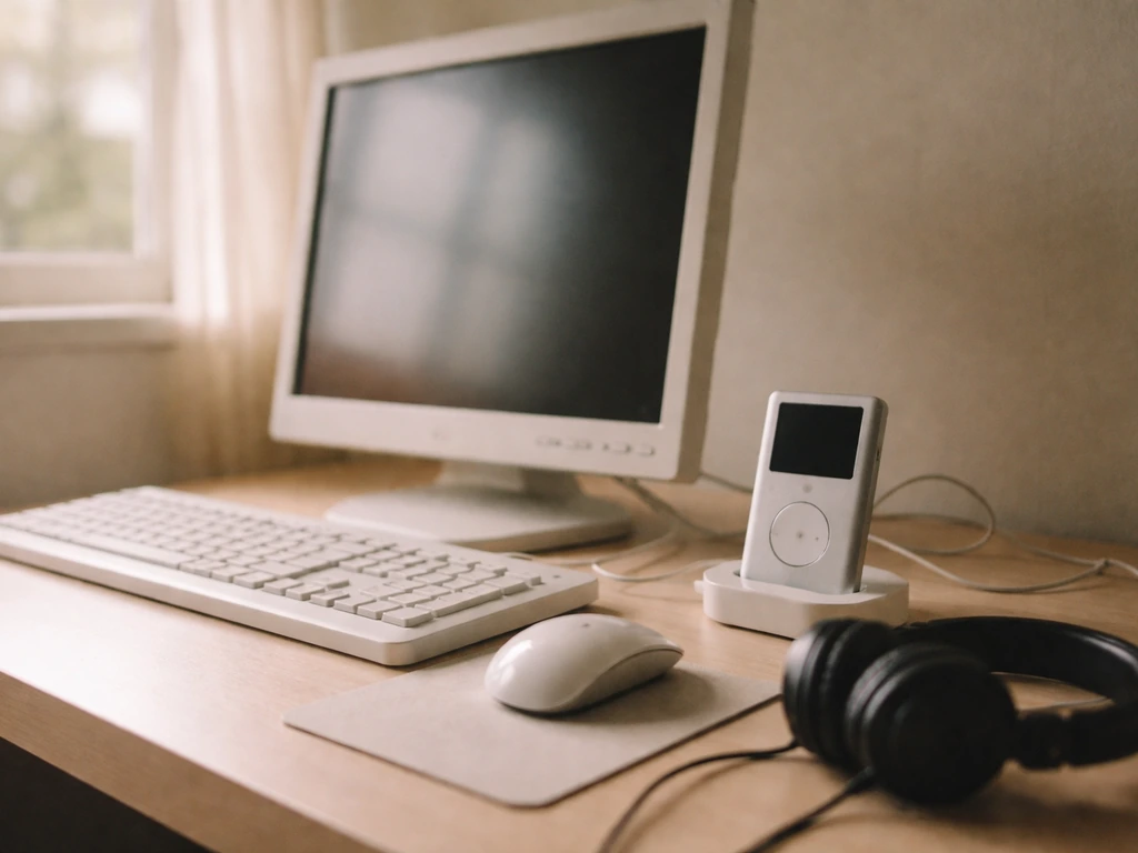 Retro music tech scene with vintage iTunes-era device, suggesting major music brand partnerships.