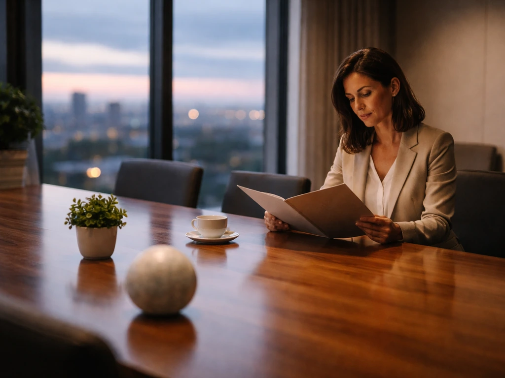 Person in a modern boardroom preparing for an impact investment meeting at a wooden conference table.