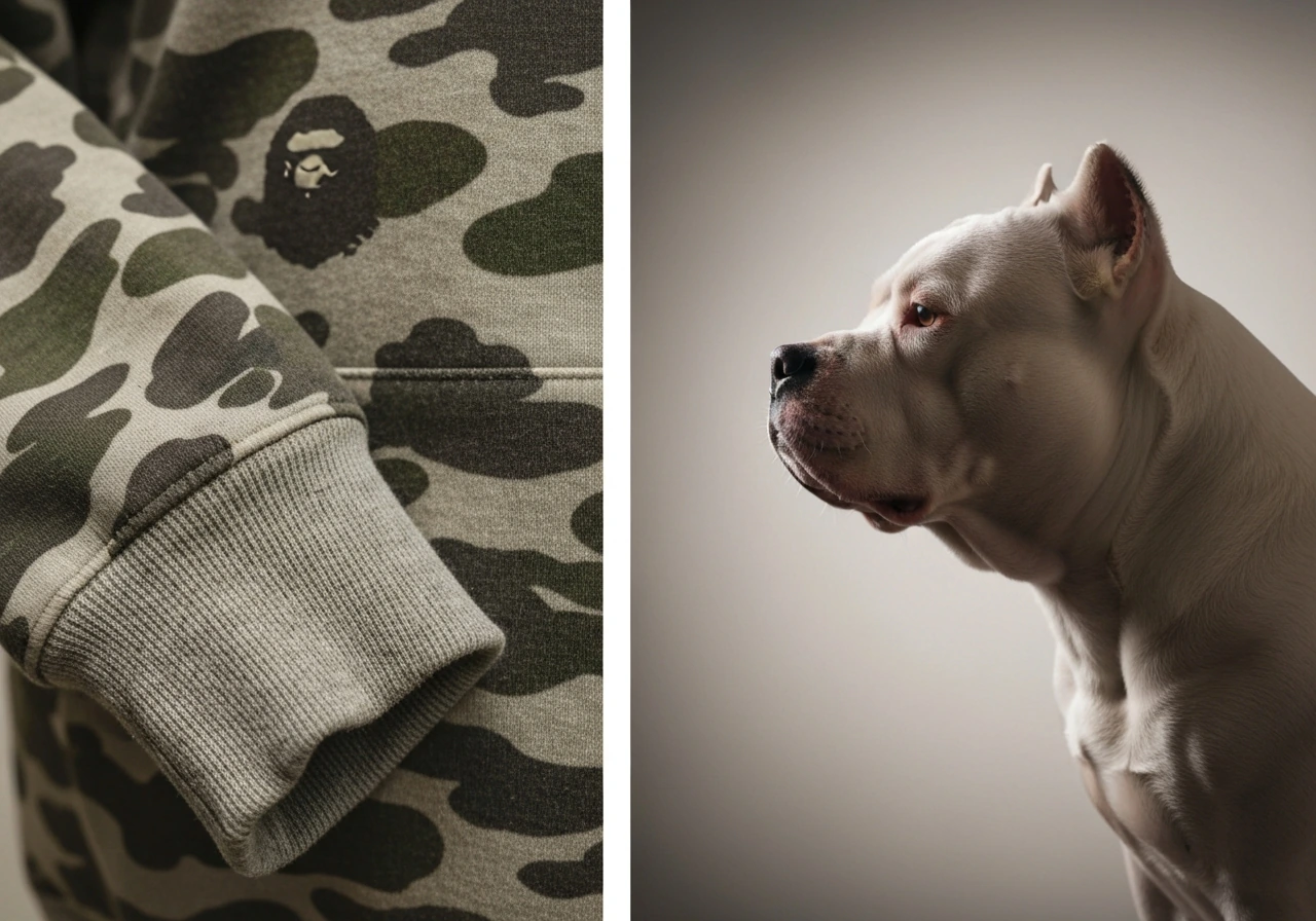 Close-up pair of minimalist streetwear fabric textures beside an American Bully–like dog silhouette