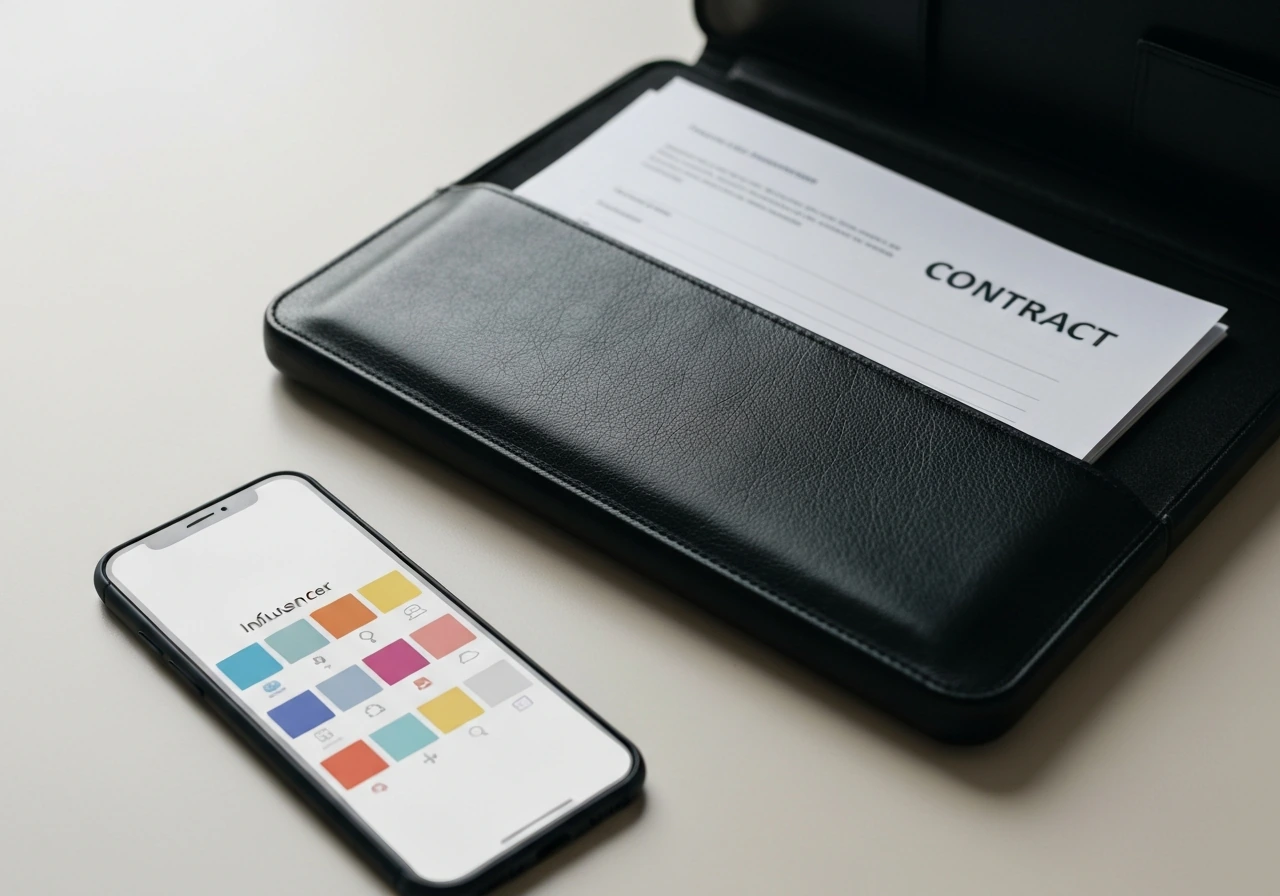 Minimal close-up of a smartphone with a generic influencer content feed, next to a briefcase and contract folder.