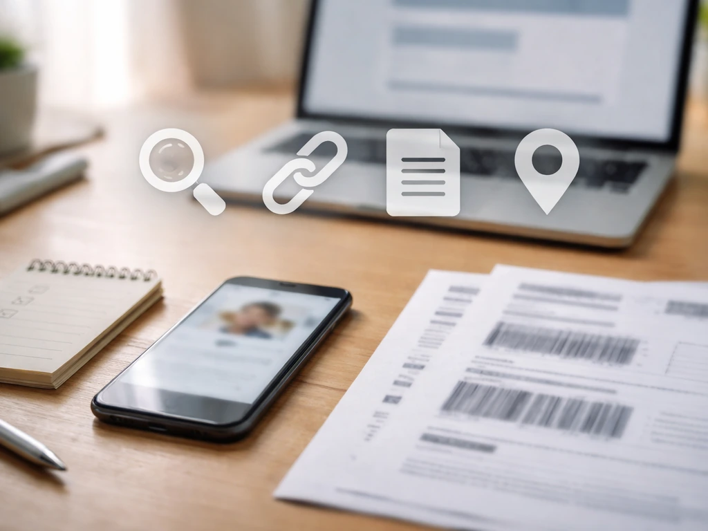 Minimal desk scene with smartphone and notebook showing a verification workflow for online profiles and listings