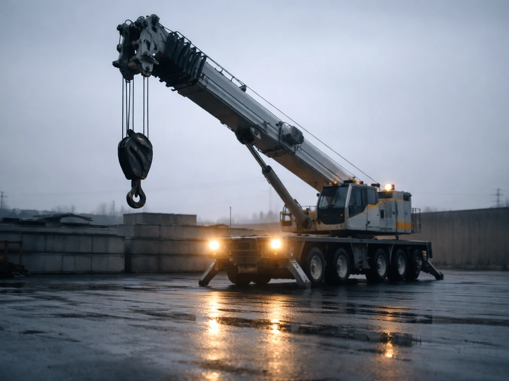 Dramatic view of a heavy-lift crane operating in an industrial yard at dusk, showing bay crane business presence