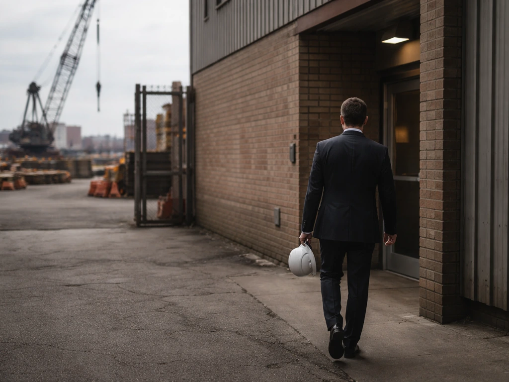 An industrial crane company office entrance with a suited executive walking toward the building