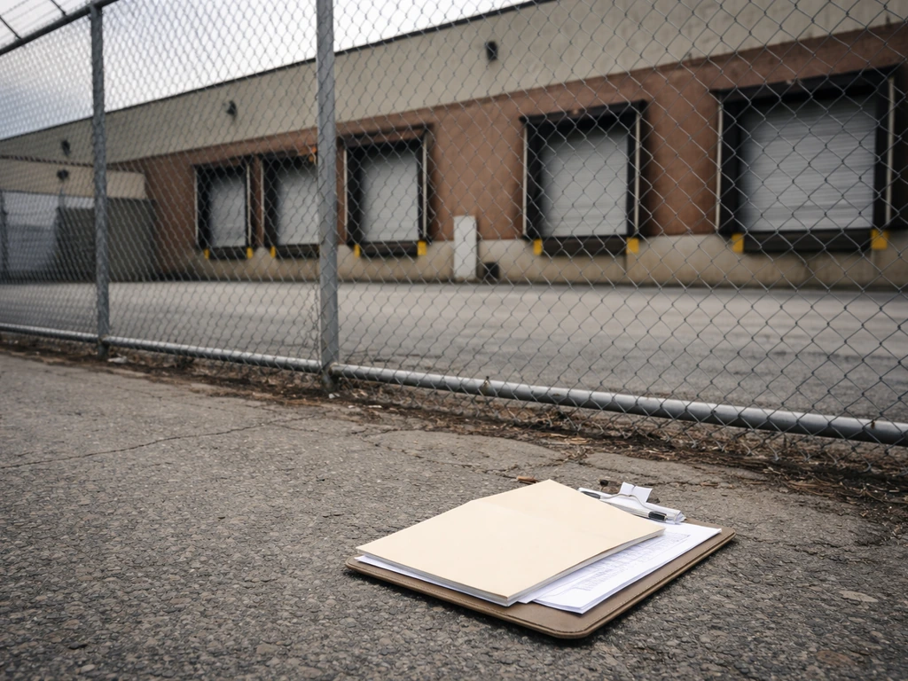 Maspeth-style industrial property facade with blurred document folders, symbolizing confirmable real estate details.