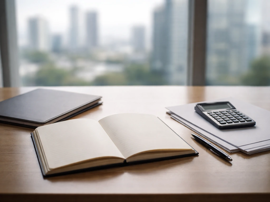Minimal desk scene with scattered financial documents, calculator, and a blurred city view symbolizing net worth estimat