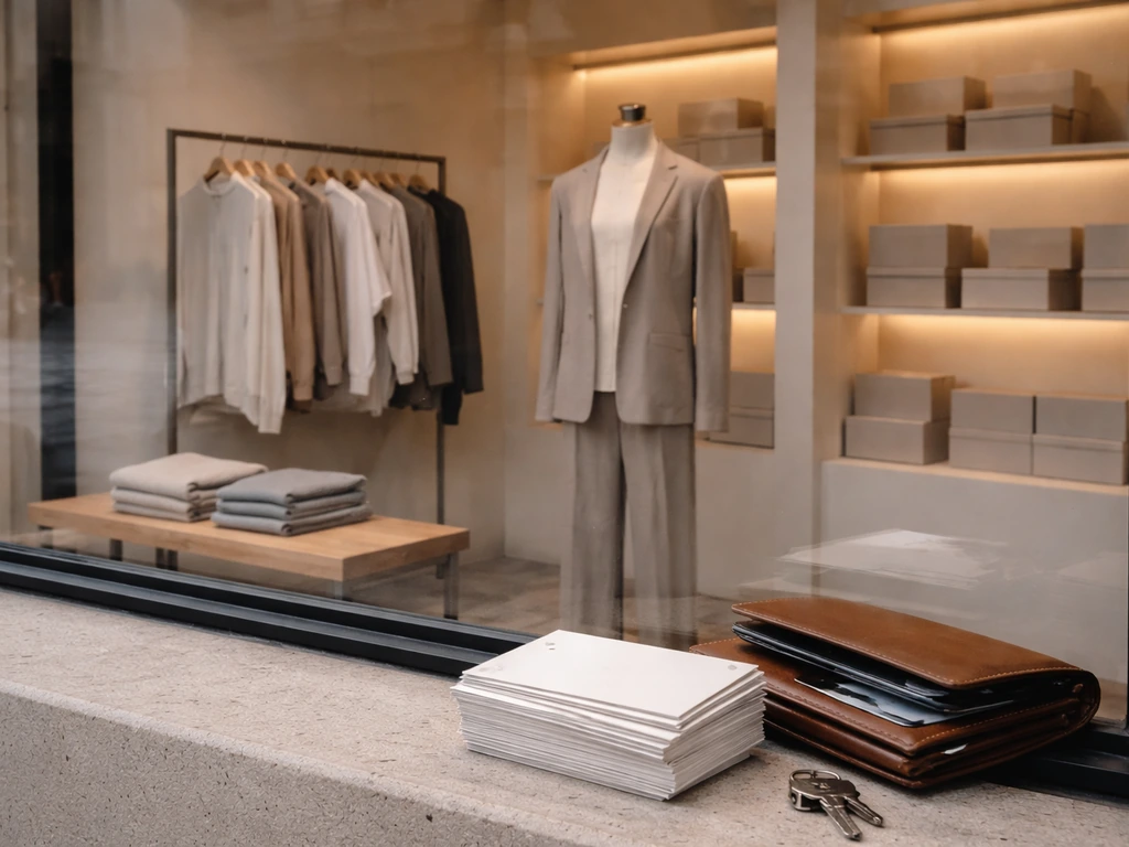 Minimal clothing storefront window with neatly folded garments and business items suggesting brand value.