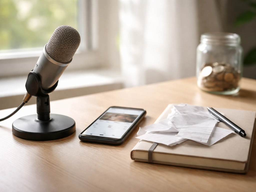 Minimal studio desk with microphone, phone, coins jar, suggesting YouTube revenue assumptions without any text.