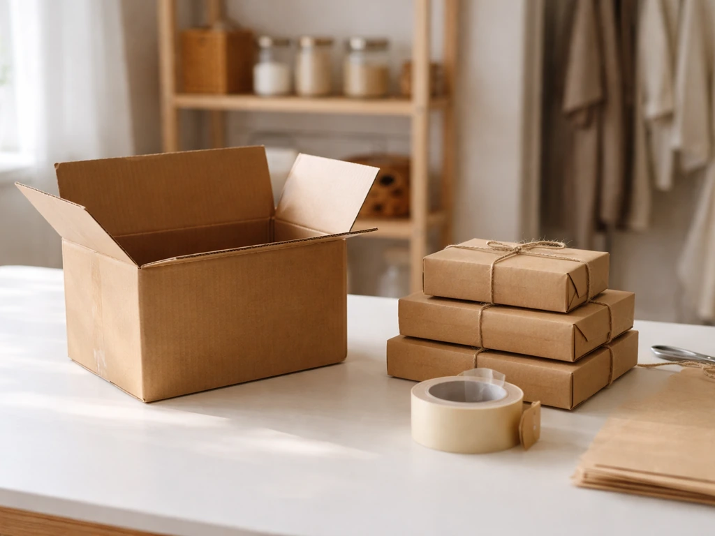 Open shipping box with neatly packed parcels and tape on a kitchen table, home business asset cue.