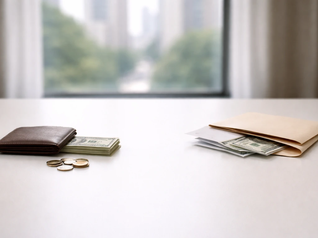 Minimal desk scene with coins and cash on one side and blank bills and envelope on the other.