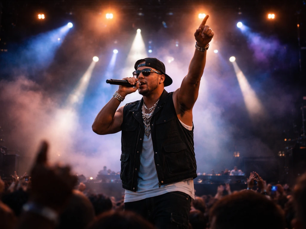 Bad Bunny performing energetically on a large outdoor stage with dramatic lights and crowd bokeh