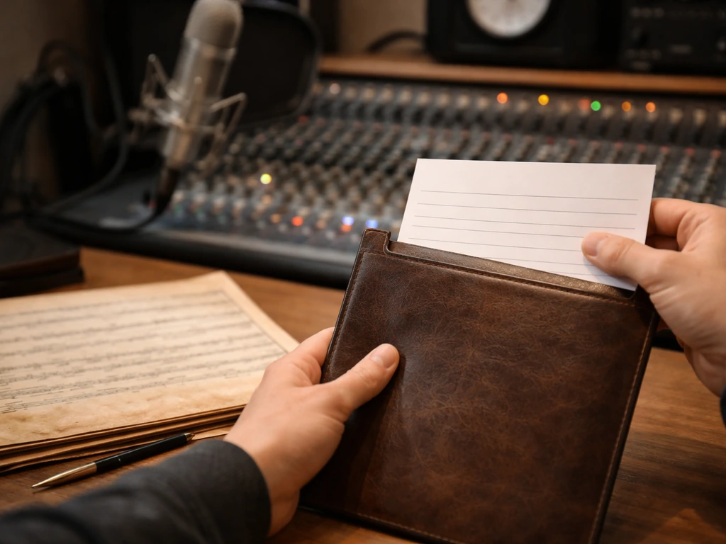 Hands filing a blank cue sheet beside a studio microphone and mixing console, symbolizing music publishing rights.